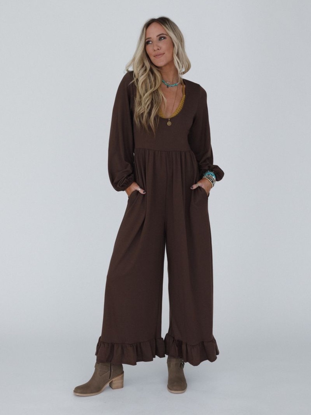 Three Bird Nest Best Intentions Long Sleeve Jumpsuit Open Back Ruffle Hem